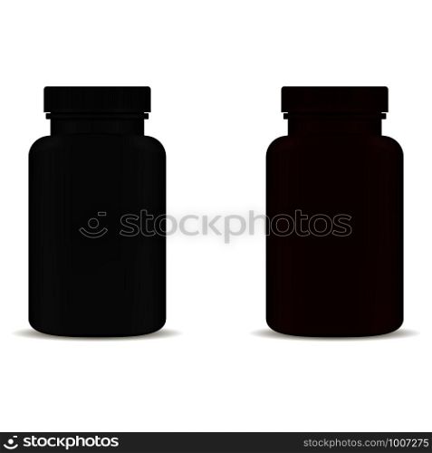 Supplement Pill Bottle. Aspirin Capsule Black and Brown Plastic Jar isolated on White Background. Pharmacy Packaging Template without Label for Vitamin or Remedy. Healthy Pharmaceutical Container. Supplement Pill Bottle. Aspirin Capsule Black Jar