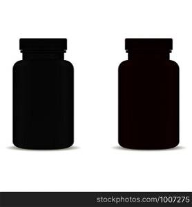 Supplement Pill Bottle. Aspirin Capsule Black and Brown Plastic Jar isolated on White Background. Pharmacy Packaging Template without Label for Vitamin or Remedy. Healthy Pharmaceutical Container. Supplement Pill Bottle. Aspirin Capsule Black Jar