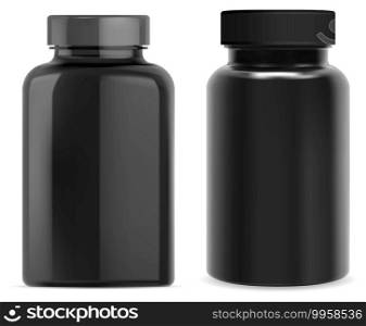 Supplement pill bottle. Black plastic vitamin jar isolated on white background. TAblet capsule container template blank. Pharmaceutical package blank. Sport supplement bottle. Drug remedy. Supplement pill bottle. Black plastic vitamin jar