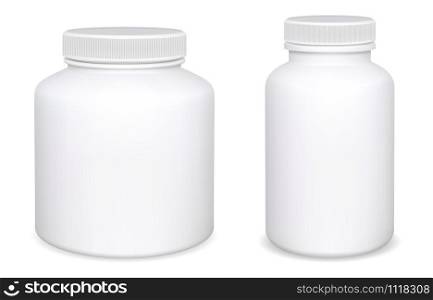 Supplement pill bottle mockup collection. Vitamin, aspirin white plastic box design, isolated on background. Pharmacy capsule jar 3d blank template. Realistic tablet drug container set. Medication. Supplement pill bottle mockup collection. Vitamin