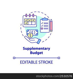 Supplementary budget concept icon. Additional financial program. Budgeting type abstract idea thin line illustration. Isolated outline drawing. Editable stroke. Arial, Myriad Pro-Bold fonts used. Supplementary budget concept icon