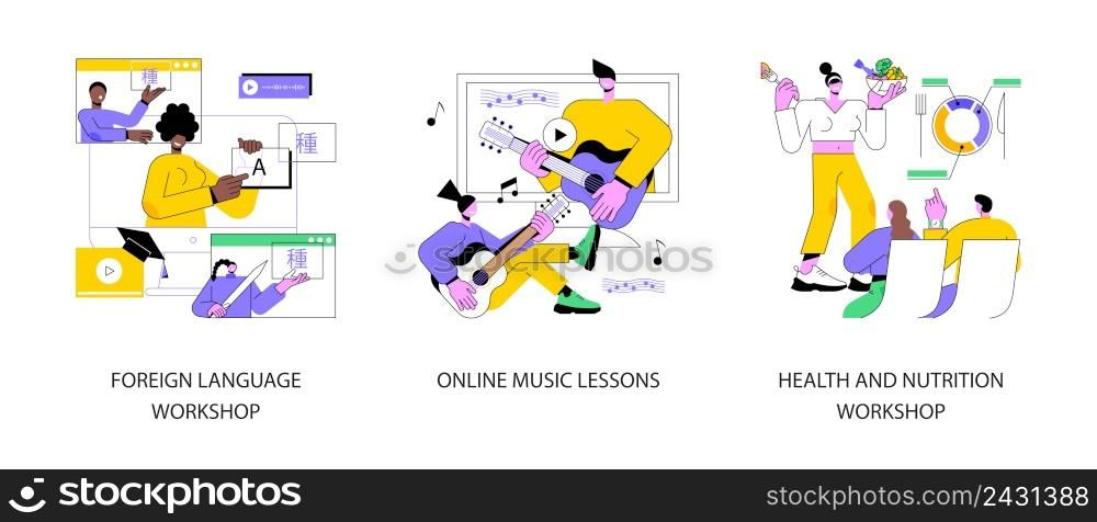 Supplementary education abstract concept vector illustration set. Foreign language workshop, online music lesson, health and nutrition workshop, native speaker course, learn cooking abstract metaphor.. Supplementary education abstract concept vector illustrations.