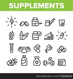 Supplements Collection Elements Icons Set Vector Thin Line. Sportsman Plastic Container With Protein, Vitamin, Full Stack Bio Supplements Concept Linear Pictograms. Monochrome Contour Illustrations. Supplements Collection Elements Icons Set Vector