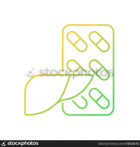 Supplements for liver gradient linear vector icon. Products to detoxify and rejuvenate liver. Bile production promotion. Thin line color symbol. Modern style pictogram. Vector isolated outline drawing. Supplements for liver gradient linear vector icon