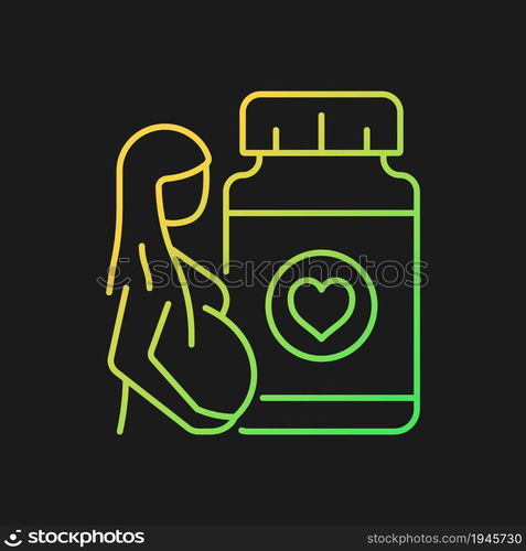 Supplements for pregnant women gradient vector icon for dark theme. Reducing risk of problems in baby development. Thin line color symbol. Modern style pictogram. Vector isolated outline drawing. Supplements for pregnant women gradient vector icon for dark theme