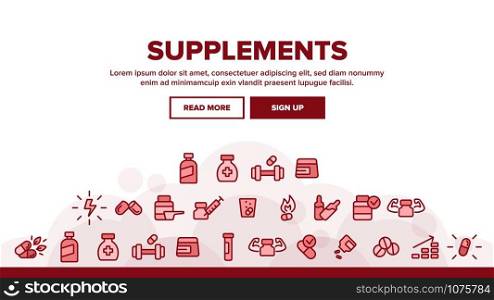 Supplements Landing Web Page Header Banner Template Vector. Sportsman Plastic Container With Protein, Vitamin, Full Stack Bio Supplements Illustration. Supplements Landing Header Vector
