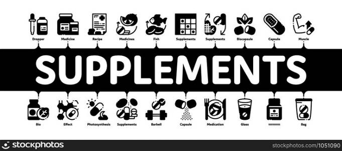 Supplements Minimal Infographic Web Banner Vector. Pills And Drugs, Plastic Container With Dropper Bio Healthcare Supplements Concept Linear Pictograms. Color Contour Illustrations. Supplements Minimal Infographic Banner Vector