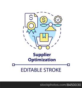Supplier optimization concept icon. Purchasing strategy abstract idea thin line illustration. Rationalising supply chain. Isolated outline drawing. Editable stroke. Arial, Myriad Pro-Bold fonts used. Supplier optimization concept icon