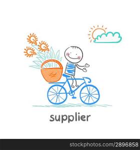 supplier supplier carries a bike basket with goods