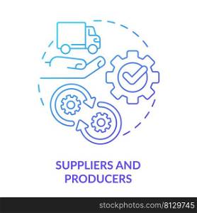 Suppliers and producers blue gradient concept icon. Category of cooperative members abstract idea thin line illustration. Manufacturing. Isolated outline drawing. Myriad Pro-Bold font used. Suppliers and producers blue gradient concept icon