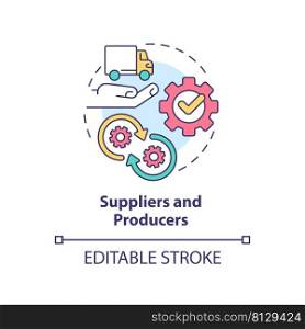 Suppliers and producers concept icon. Category of cooperative members abstract idea thin line illustration. Manufacturing. Isolated outline drawing. Editable stroke. Arial, Myriad Pro-Bold fonts used. Suppliers and producers concept icon