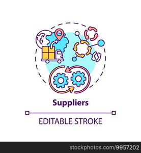 Suppliers concept icon. Co-creation participant idea thin line illustration. Providing product and service to another entity. Manufacturer. Vector isolated outline RGB color drawing. Editable stroke. Suppliers concept icon
