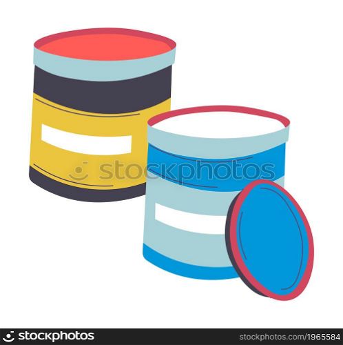 Supplies for art classes and lessons in school or university. Isolated bottles with lids filled with colorful paints and pigments, gouache or watercolor, acrylic or aquarelle. Vector in flat style. Bottles with watercolor paint, art supplies vector