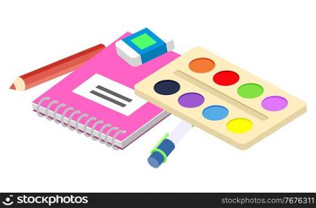 Supplies for classes vector, isolated notebook with spirals, pencil and eraser. Paint palette and objects for lessons of art, back to school concept. Isometric cartoon of text book and pen for writing. School Supplies, Textbook and Paint Palette Set