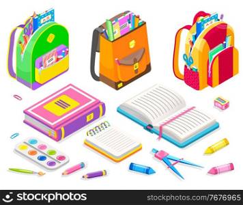 Supplies for college vector, back to school concept. Bags with books, pens and pencils, palette for art lessons. Eraser for mistakes, textbook and ruler, backpack for children isometric cartoon. School Bags, Satchels and Books with Supplies