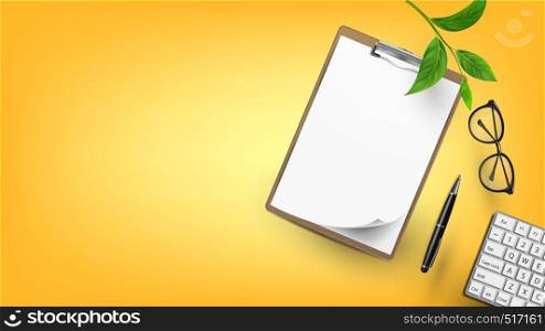 Supplies For Education And Work Flat Lay Vector. Blank Paper On Clipboard, Green Branch Of Home Tree And Eye Glasses, Writing Pen And Keyboard On Work Desk. Copy Space Top View Illustration. Supplies For Education And Work Flat Lay Vector
