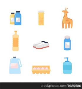 Supplies for humanitarian aid semi flat color vector item set. Product to donate to charity. Full realistic object on white. Isolated modern cartoon style illustration for graphic design and animation. Supplies for humanitarian aid semi flat color vector item set