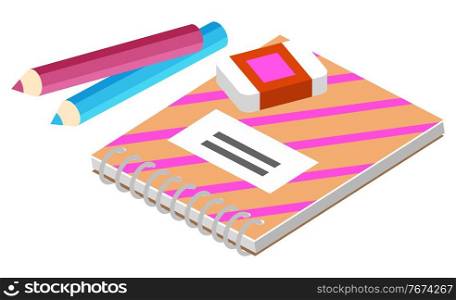 Supplies for lessons, vector illustration. Collection of school supplies or stationery. Isometric cartoon items for education of smart pupils and students. Knowledge and education. School accessories. School Supplies, Books and Pencils for Lessons