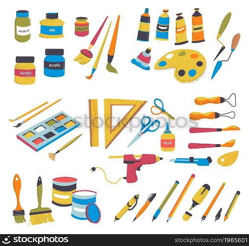 Supplies for school or university, lessons and classes, artwork courses. Isolated kit of palate and ruler, glue and scissors, tubes with pigments and pencils for drawing. Vector in flat style. School supplies for art lessons and classes vector