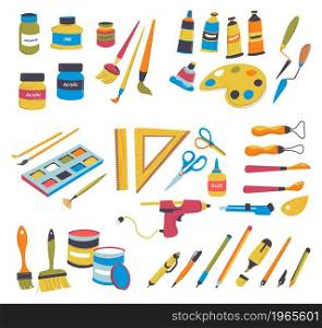 Supplies for school or university, lessons and classes, artwork courses. Isolated kit of palate and ruler, glue and scissors, tubes with pigments and pencils for drawing. Vector in flat style. School supplies for art lessons and classes vector
