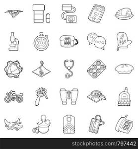 Supplies icons set. Outline set of 25 supplies vector icons for web isolated on white background. Supplies icons set, outline style