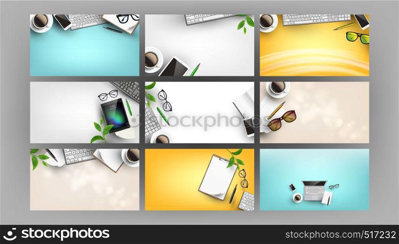 Supplies On Office Work Desk Set Flat Lay Vector. Smart Technology And Devices, List Of Paper And Clipboard, Green Leaves And Morning Aroma Drink On Desk. Copy Space Top View Illustration. Supplies On Office Work Desk Set Flat Lay Vector