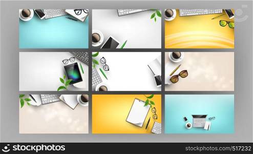 Supplies On Office Work Desk Set Flat Lay Vector. Smart Technology And Devices, List Of Paper And Clipboard, Green Leaves And Morning Aroma Drink On Desk. Copy Space Top View Illustration. Supplies On Office Work Desk Set Flat Lay Vector