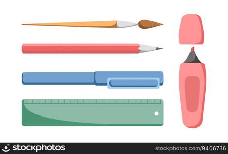 Supplies set with pen, pencil, brush, ruler and marker. Isolated illustrations for office, university or school writing concepts. Educational item for school start, cards, banners, flyers, invitation.