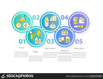Supplies to survive on occupied areas circle infographic template. Data visualization with 5 steps. Process timeline info chart. Workflow layout with line icons. Myriad Pro-Regular font used. Supplies to survive on occupied areas circle infographic template
