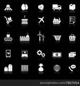 Supply chain icons with reflect on black background, stock vector