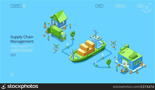 Supply chain management banner. Freight transportation logistic concept. Vector landing page with isometric warehouse building with loader and boxes, cargo ship, containers, truck, workers and drones. Supply chain management banner with ship