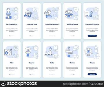 Supply chain management light blue onboarding mobile app screen set. Walkthrough 5 steps editable graphic instructions with linear concepts. UI, UX, GUI template. Myriad Pro-Bold, Regular fonts used. Supply chain management light blue onboarding mobile app screen set