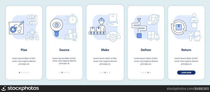 Supply chain management parts light blue onboarding mobile app screen. Walkthrough 5 steps editable graphic instructions with linear concepts. UI, UX, GUI template. Myriad Pro-Bold, Regular fonts used. Supply chain management parts light blue onboarding mobile app screen