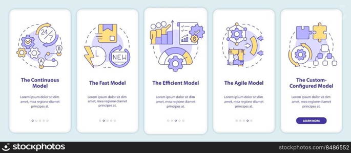 Supply chain models onboarding mobile app screen. Industry walkthrough 5 steps editable graphic instructions with linear concepts. UI, UX, GUI template. Myriad Pro-Bold, Regular fonts used. Supply chain models onboarding mobile app screen