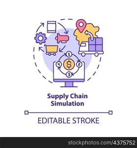 Supply chain simulation concept icon. Logistics network abstract idea thin line illustration. Digital twin usage. Isolated outline drawing. Editable stroke. Roboto-Medium, Myriad Pro-Bold fonts used. Supply chain simulation concept icon