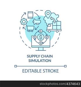 Supply chain simulation turquoise concept icon. Improving business outcomes abstract idea thin line illustration. Isolated outline drawing. Editable stroke. Roboto-Medium, Myriad Pro-Bold fonts used. Supply chain simulation turquoise concept icon