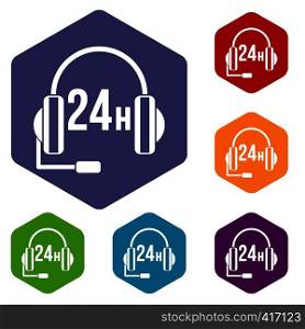 Support 24 hours icons set rhombus in different colors isolated on white background. Support 24 hours icons set