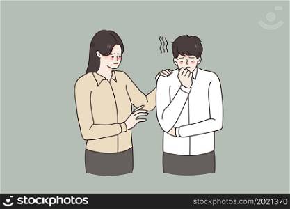 Support and helping hand concept. Young emphatic woman standing touching shoulder of sad depressed man supporting him trying to help vector illustration . Support and helping hand concept.