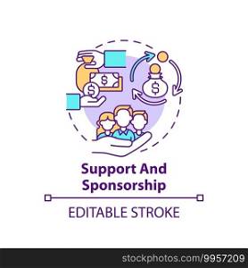 Support and sponsorship concept icon. Condition for co-design idea thin line illustration. Financial and in-kind activities support. Vector isolated outline RGB color drawing. Editable stroke. Support and sponsorship concept icon