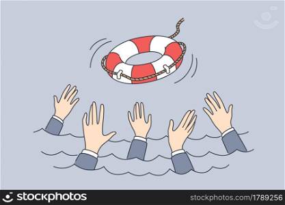 Support, bankrupt, crisis management concept. Hands of business people trying to catch lifebuoy from ship and get help support service in difficult situation vector illustration . Support, bankrupt, crisis management concept