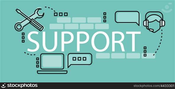 Support Banner Design Flat Style. Support banner concept design flat style. Poster or a banner of support and technical advising for the web site or web page. Elements tools and laptop manager in headphones. Vector illustration