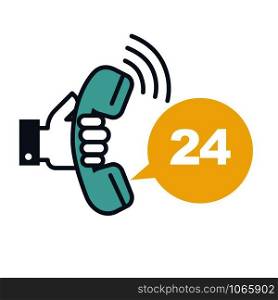Support call 24 hours online every day hotline isolated icon vector. Human holding mobile phone on hand with sign of twenty four hours. Operator everyday mobile headset communication with clients. Support call 24 hours online every day hotline isolated icon