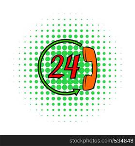 Support call center 24 hours icon in comics style on a white background. Support call center 24 hours icon, comics style