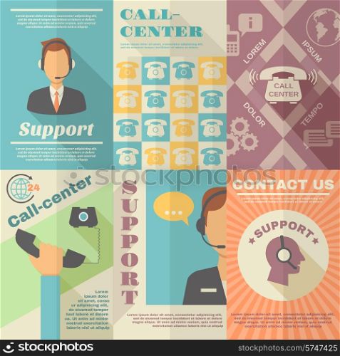 Support call center contact us vintage mini poster set isolated vector illustration