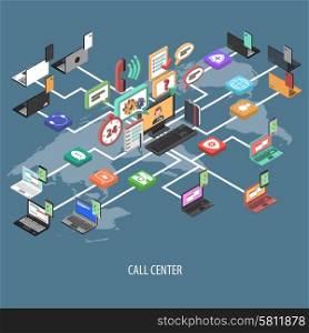Support call center isometric flowchart concept with 3d communication buttons and world map vector illustration. Support Call Center Concept