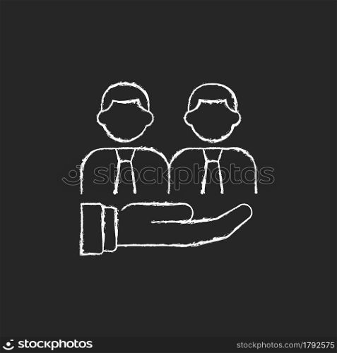Support chalk white icon on dark background. Provide technical and customer support service. Collective help and compassion. Colleague empathy. Isolated vector chalkboard illustration on black. Support chalk white icon on dark background