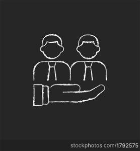 Support chalk white icon on dark background. Provide technical and customer support service. Collective help and compassion. Colleague empathy. Isolated vector chalkboard illustration on black. Support chalk white icon on dark background