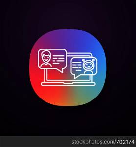 Support chatbot app icon. UI/UX user interface. Messenger bot. Virtual assistant. Modern robot. Man chatting with bot on laptop. Web or mobile application. Vector isolated illustration. Support chatbot app icon