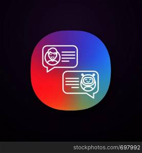 Support chatbot app icon. UI/UX user interface. Talkbot. Online virtual assistant. Chat bot. Modern robot. Man chatting with messenger bot. Web or mobile application. Vector isolated illustration. Support chatbot app icon