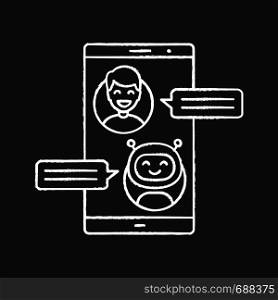 Support chatbot chalk icon. Messenger bot. Modern robot. Virtual assistant. Chat bot. Man chatting with bot on smartphone. Isolated vector chalkboard illustration. Support chatbot chalk icon